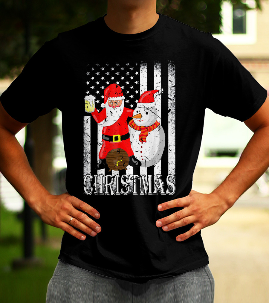 Christmas Santa Claus Snowman With Beer American Flag T-Shirt