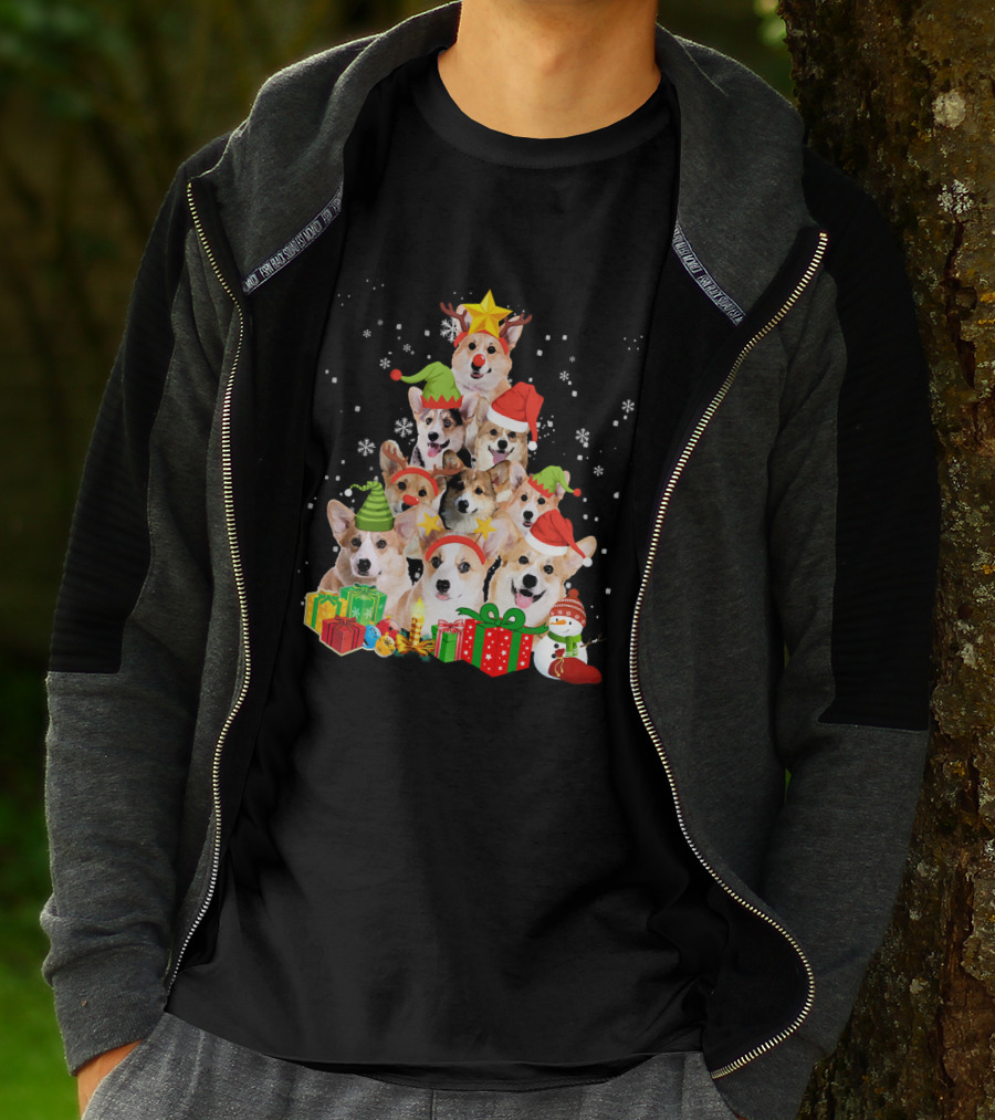 Corgi Christmas Tree With Snowflakes And Holiday Hats T-Shirt