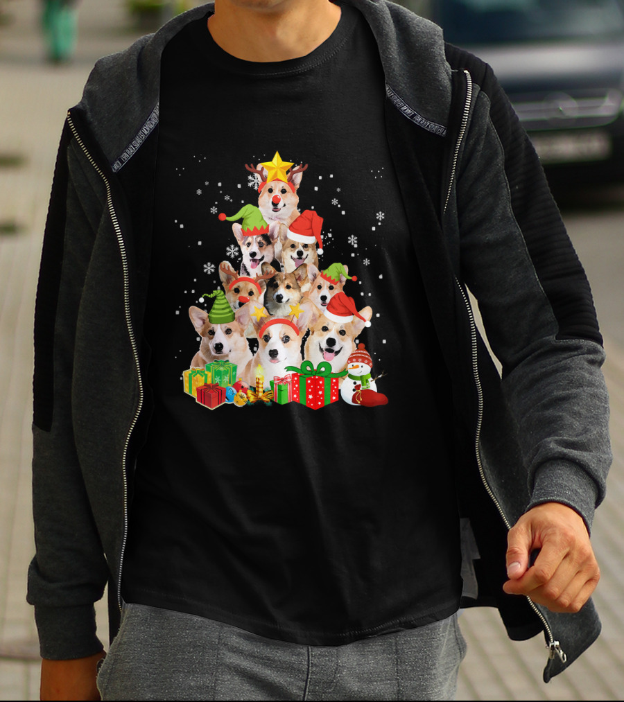 Corgi Christmas Tree With Snowflakes And Holiday Hats T-Shirt