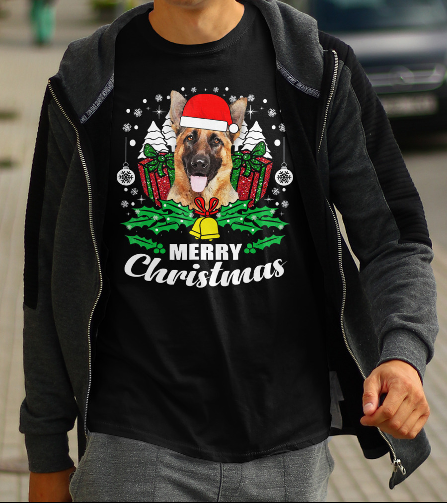 German Shepherd Merry Christmas Santa Hat Festive Holiday Dog Love T-Shirt