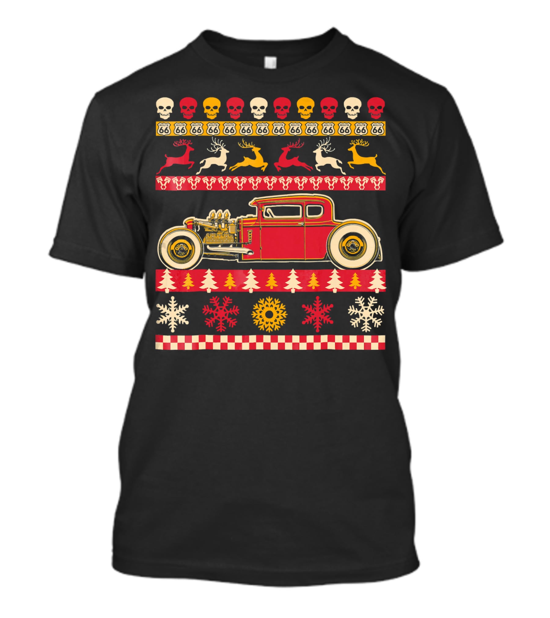 Rat Rod Christmas Party Skull Route 66 Reindeer Snowflakes Checkerboard T-Shirt
