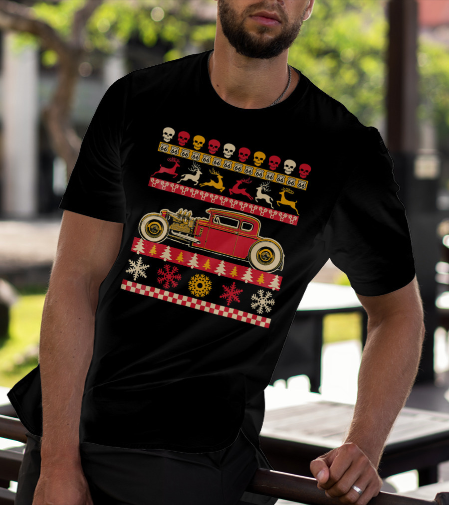 Rat Rod Christmas Party Skull Route 66 Reindeer Snowflakes Checkerboard T-Shirt