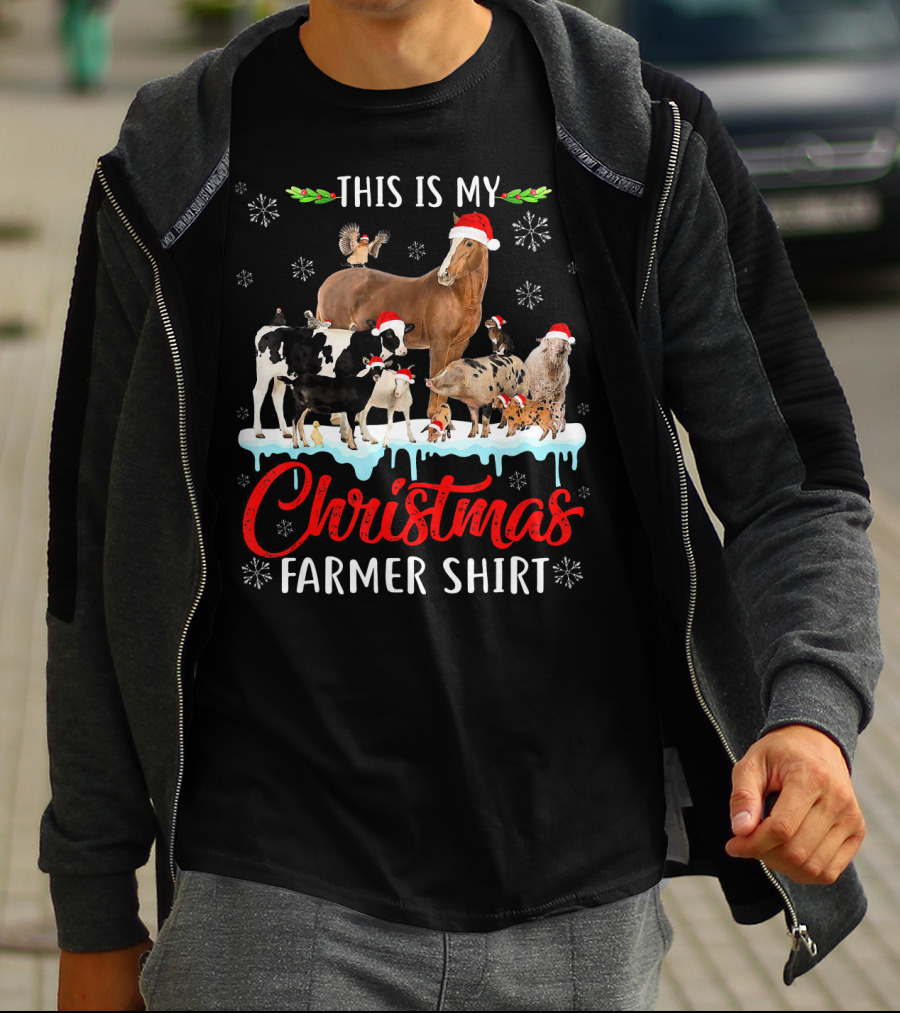 This Is My Christmas Farmer Shirt Santa Hat Animals Snowflakes T-Shirt