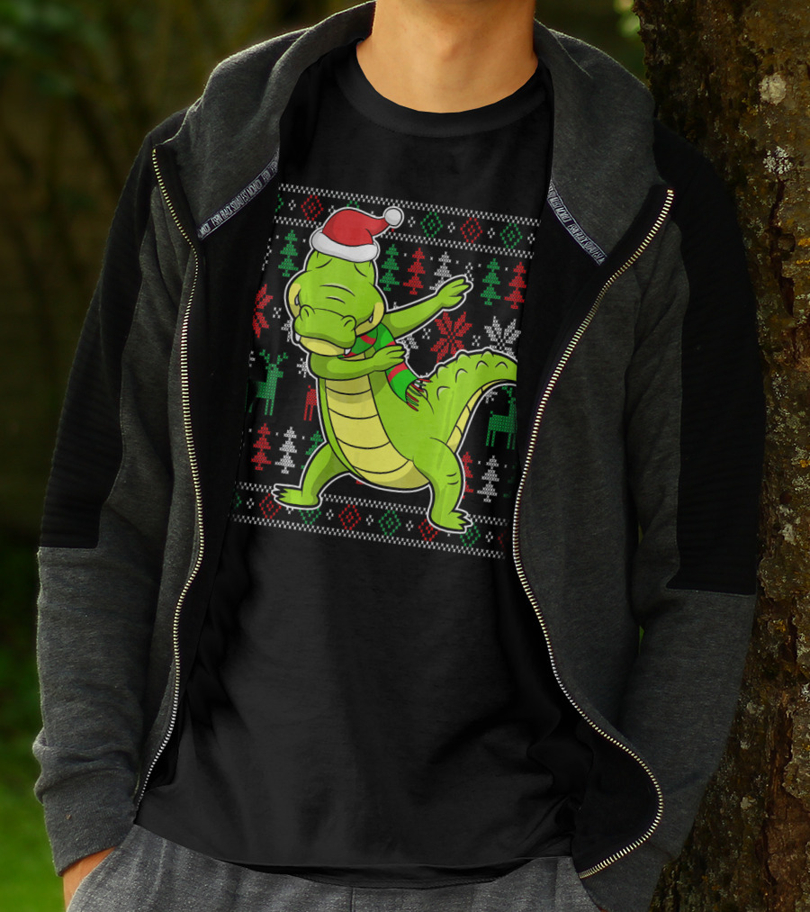 Ugly Christmas Dabbing Alligator Santa Hat Festive T-Shirt