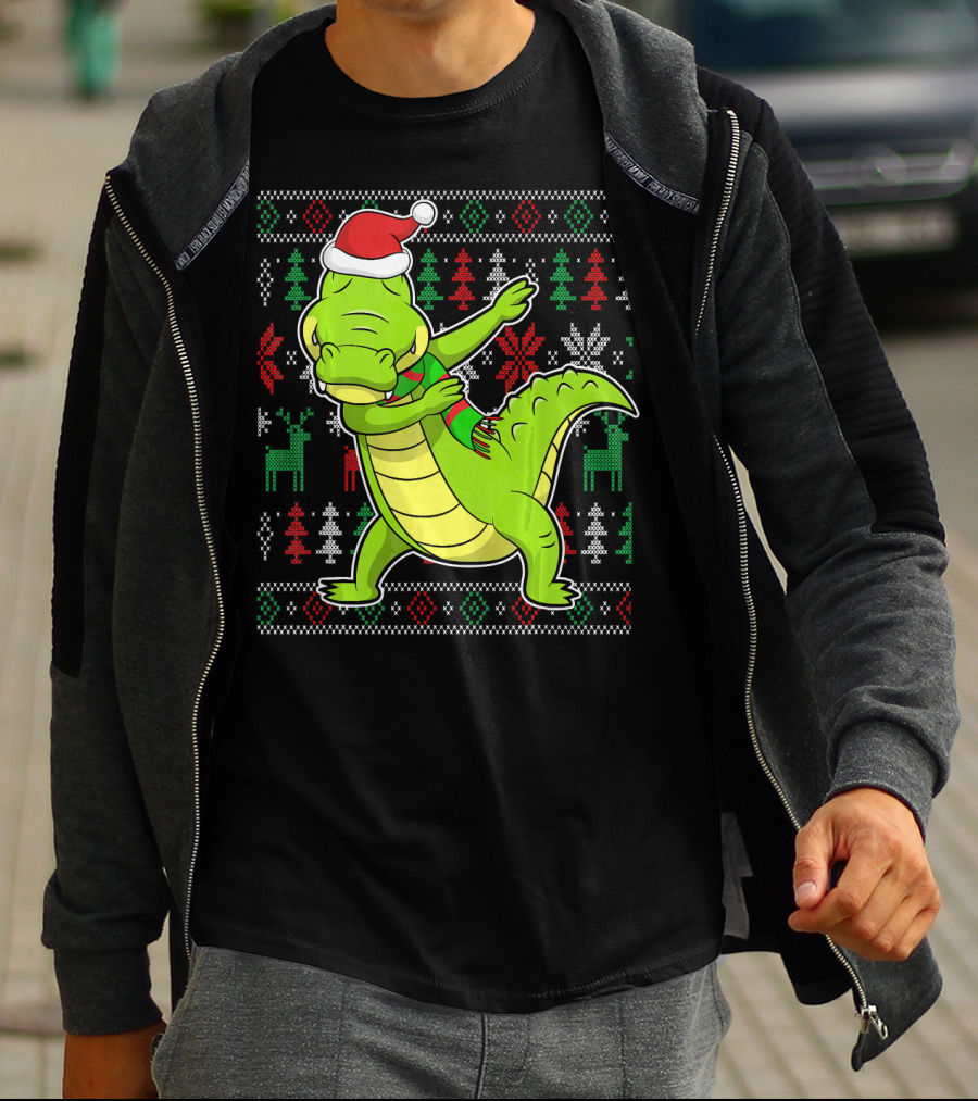 Ugly Christmas Dabbing Alligator Santa Hat Festive T-Shirt
