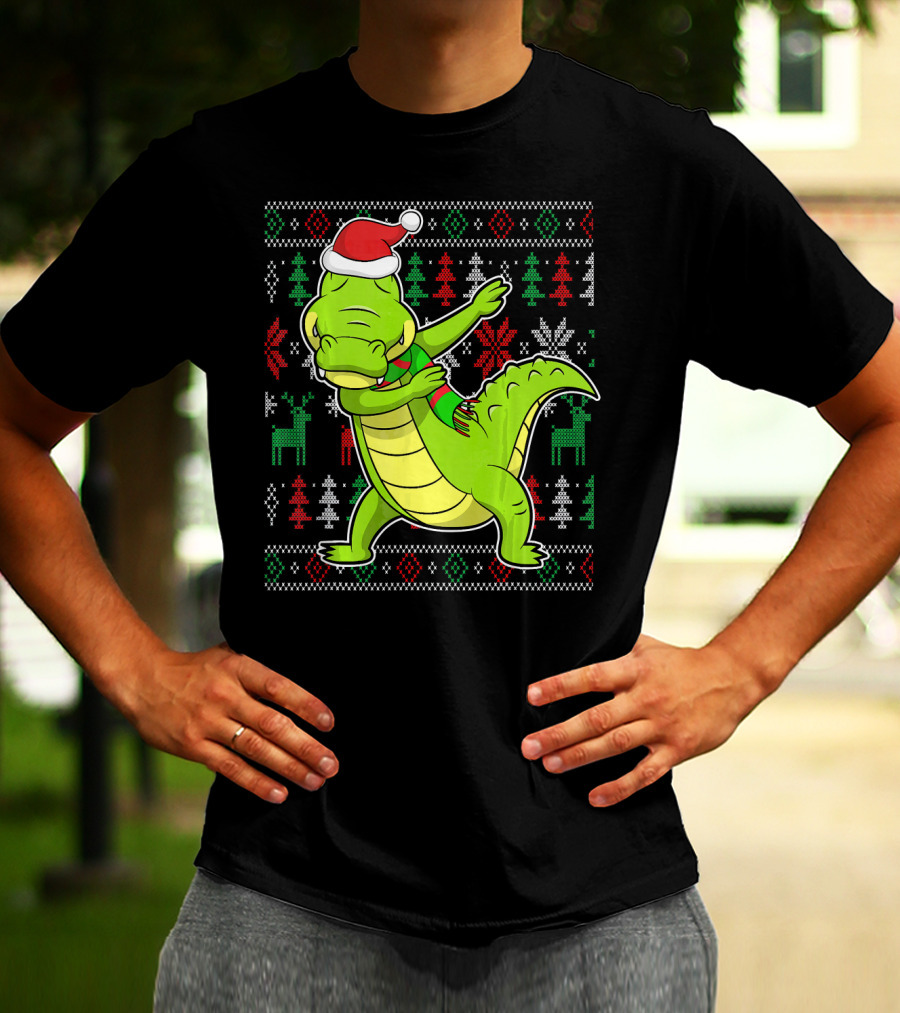 Ugly Christmas Dabbing Alligator Santa Hat Festive T-Shirt