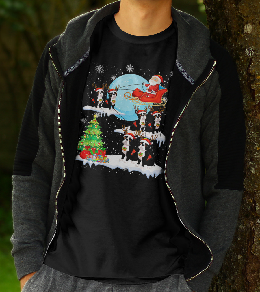 Santa Sleigh With Boston Terrier Reindeer And Christmas Tree T-Shirt