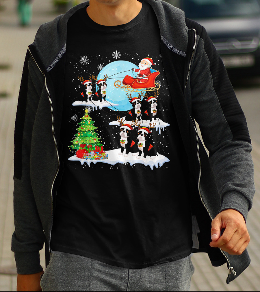 Santa Sleigh With Boston Terrier Reindeer And Christmas Tree T-Shirt