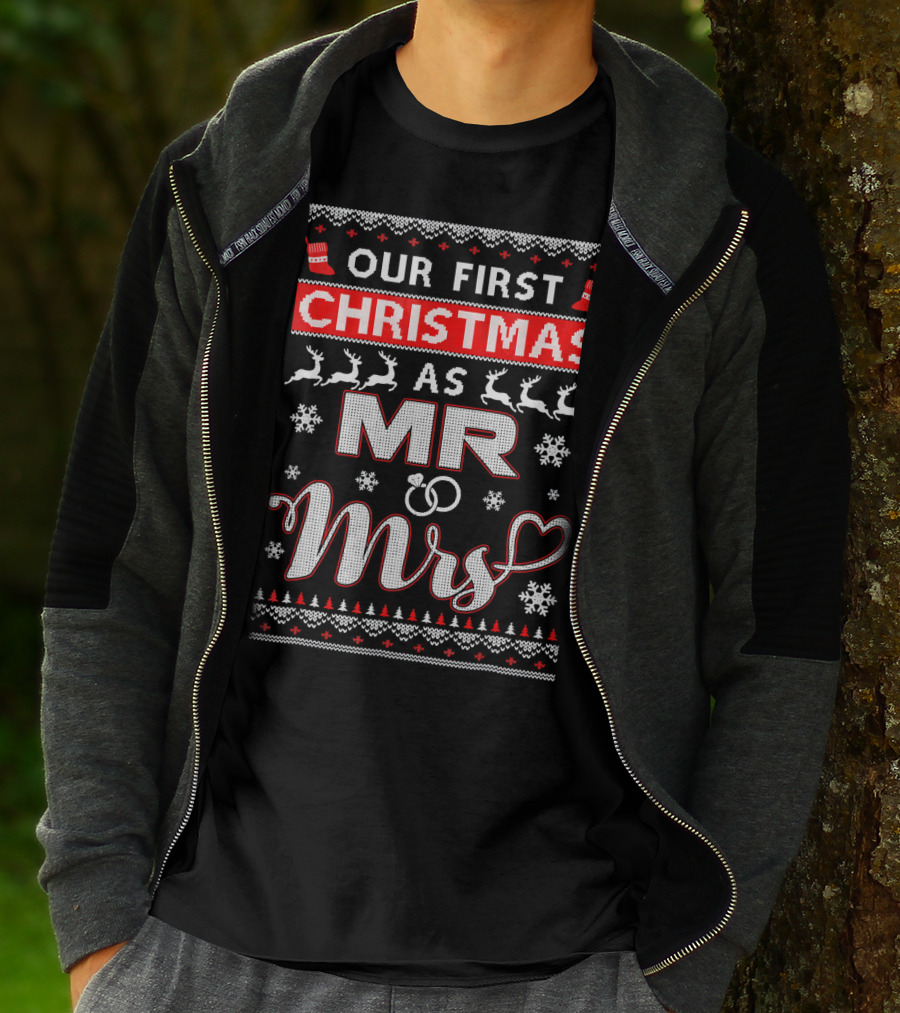 Our First Christmas As Mr And Mrs Festive Reindeer Snowflakes T-Shirt