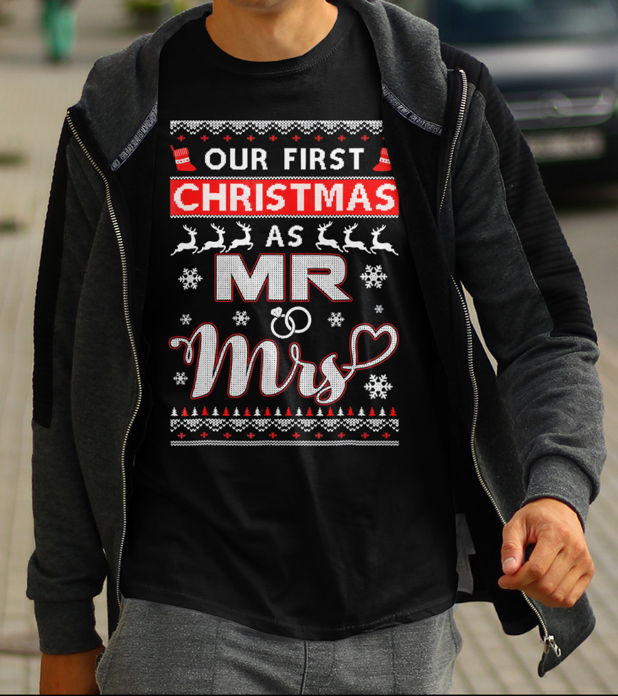 Our First Christmas As Mr And Mrs Festive Reindeer Snowflakes T-Shirt