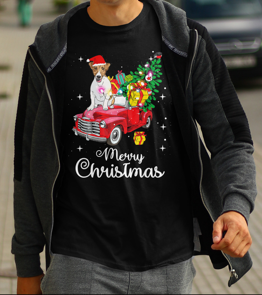 Merry Christmas Jack Russell Terrier Riding Red Truck With Gifts And Santa Hat T-Shirt