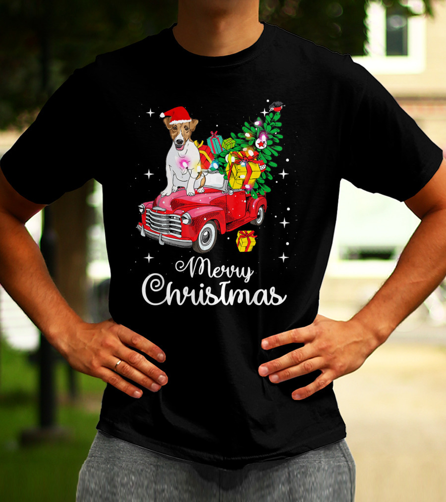 Merry Christmas Jack Russell Terrier Riding Red Truck With Gifts And Santa Hat T-Shirt