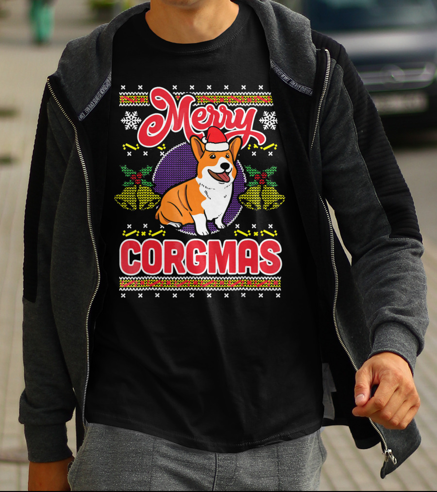Merry Corgmas Ugly Christmas Corgi Dog Santa Hat Snowflakes Holiday T-Shirt