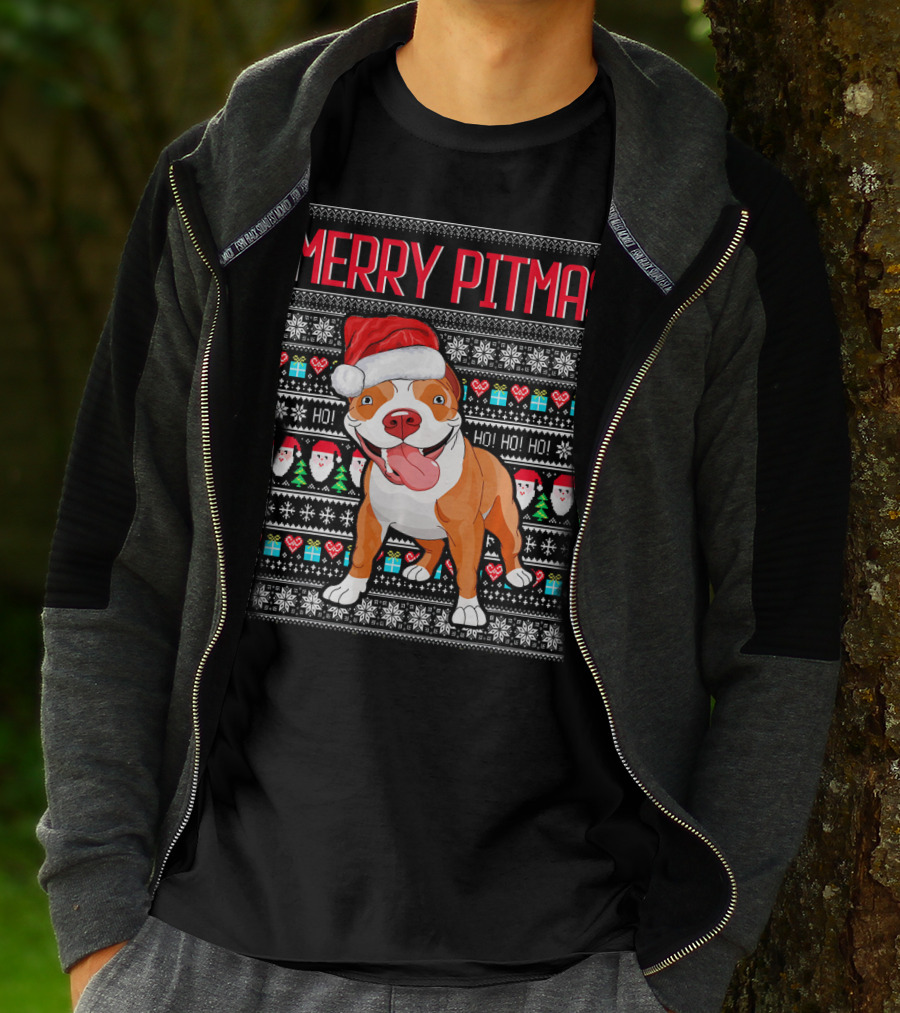 Merry Pitmas Santa Hat Dog Ho Ho Ho UglyStyle Christmas T-Shirt