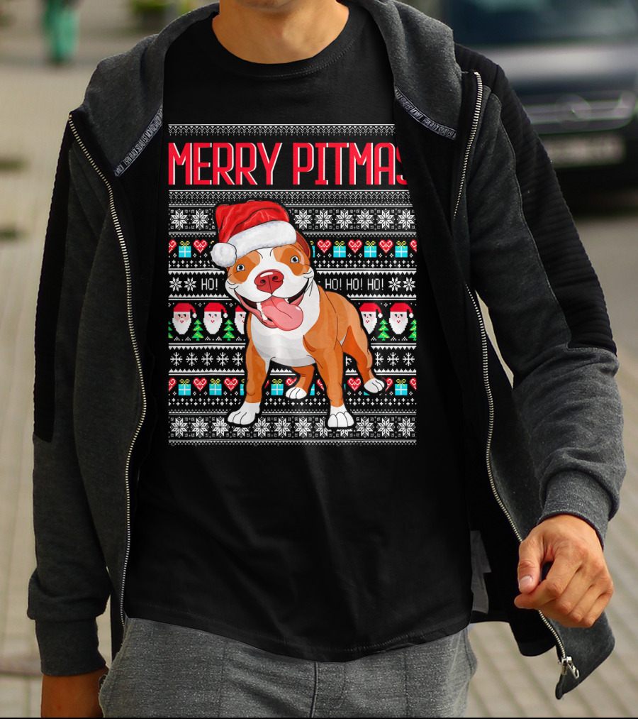 Merry Pitmas Santa Hat Dog Ho Ho Ho UglyStyle Christmas T-Shirt