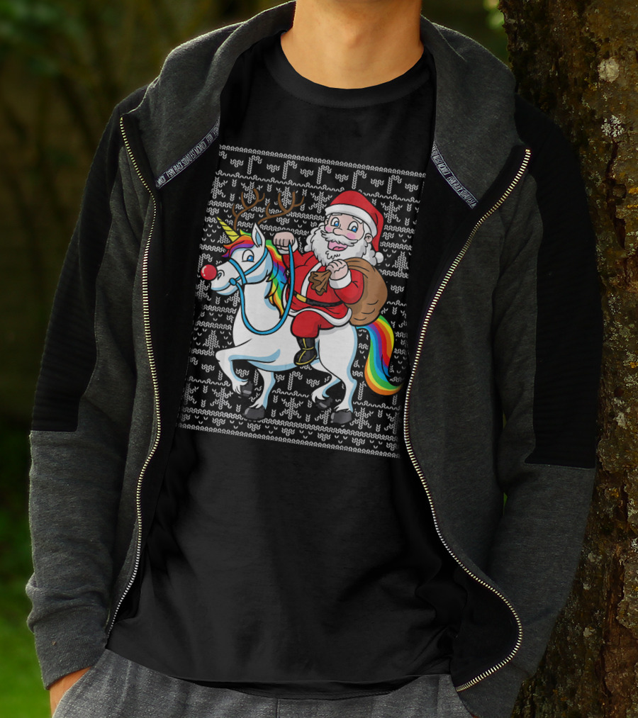 Santa Riding Reindeer-Antlered Rainbow Unicorn On Christmas T-Shirt