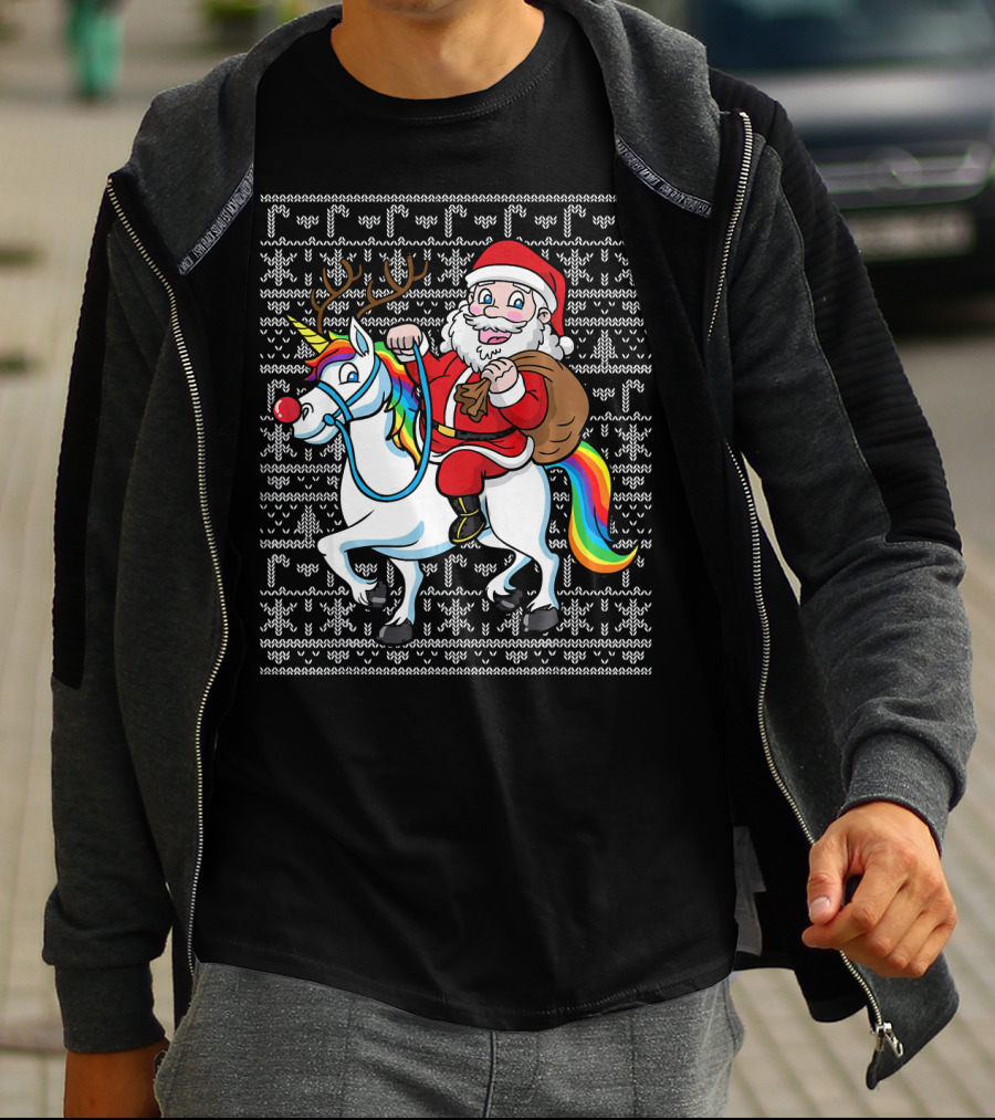 Santa Riding Reindeer-Antlered Rainbow Unicorn On Christmas T-Shirt