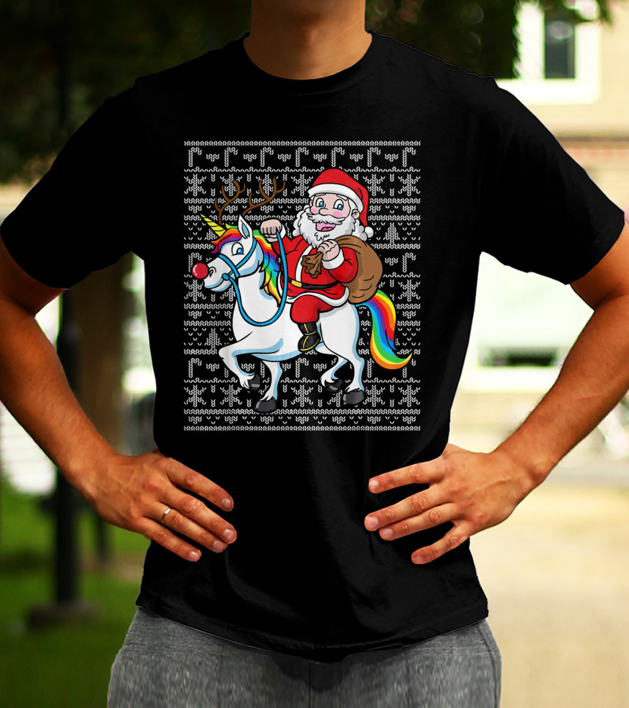 Santa Riding Reindeer-Antlered Rainbow Unicorn On Christmas T-Shirt