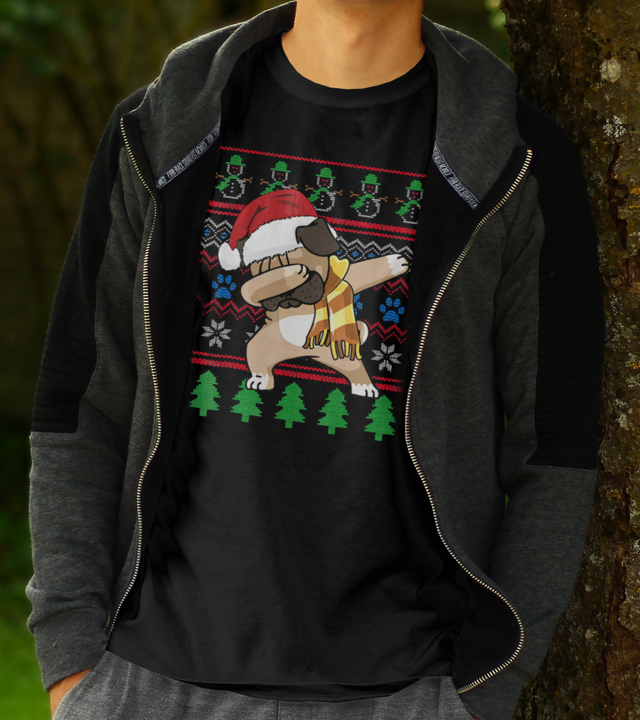 Pug Dabbing Santa Hat Christmas Snowman Tree Pattern UglyStyle T-Shirt