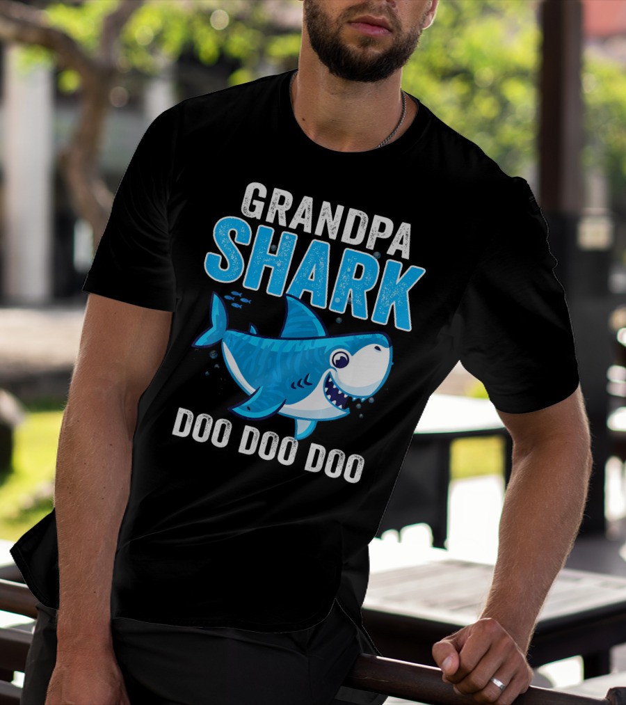 Grandpa Shark Doo Doo Doo Bright Blue Cartoon Shark T-Shirt