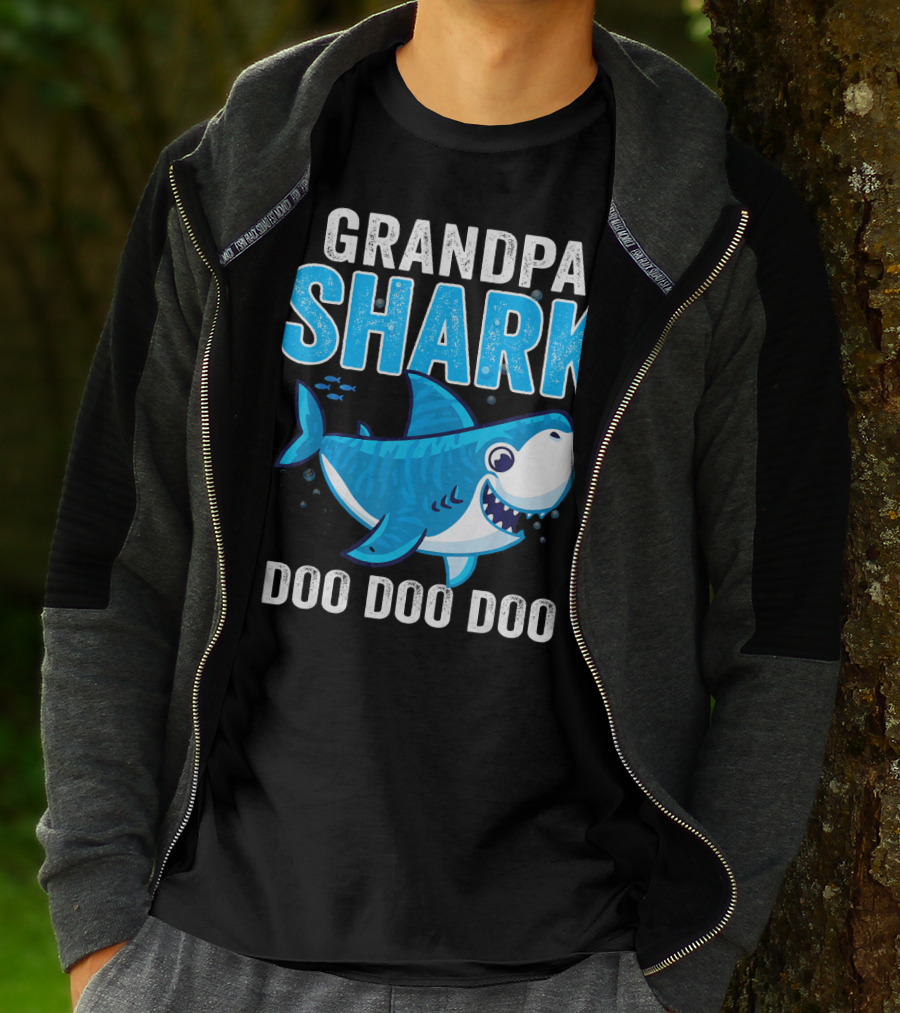 Grandpa Shark Doo Doo Doo Bright Blue Cartoon Shark T-Shirt