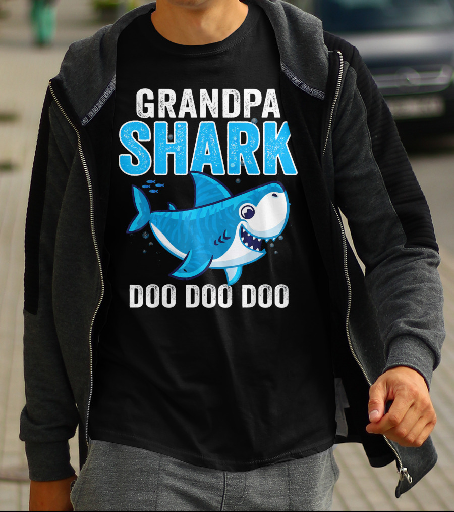 Grandpa Shark Doo Doo Doo Bright Blue Cartoon Shark T-Shirt