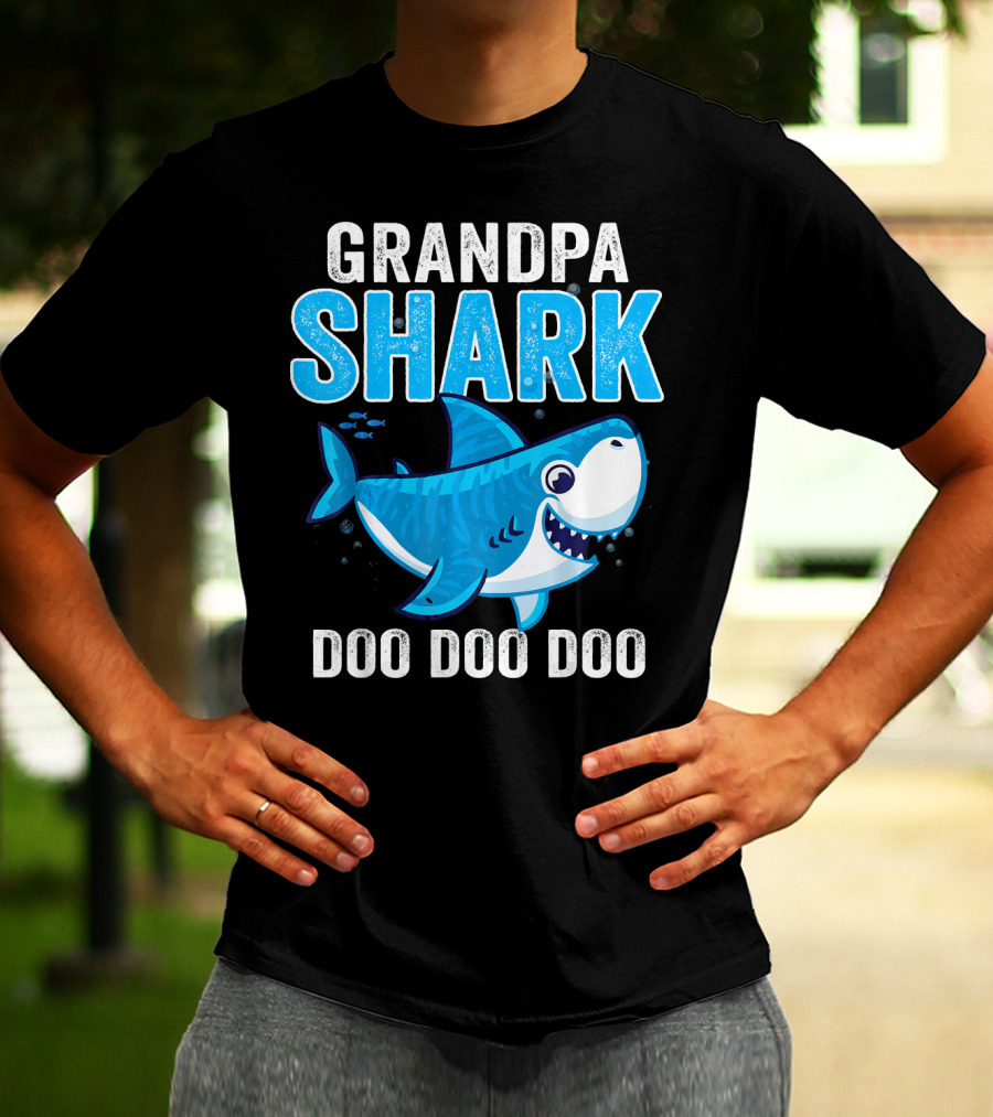 Grandpa Shark Doo Doo Doo Bright Blue Cartoon Shark T-Shirt