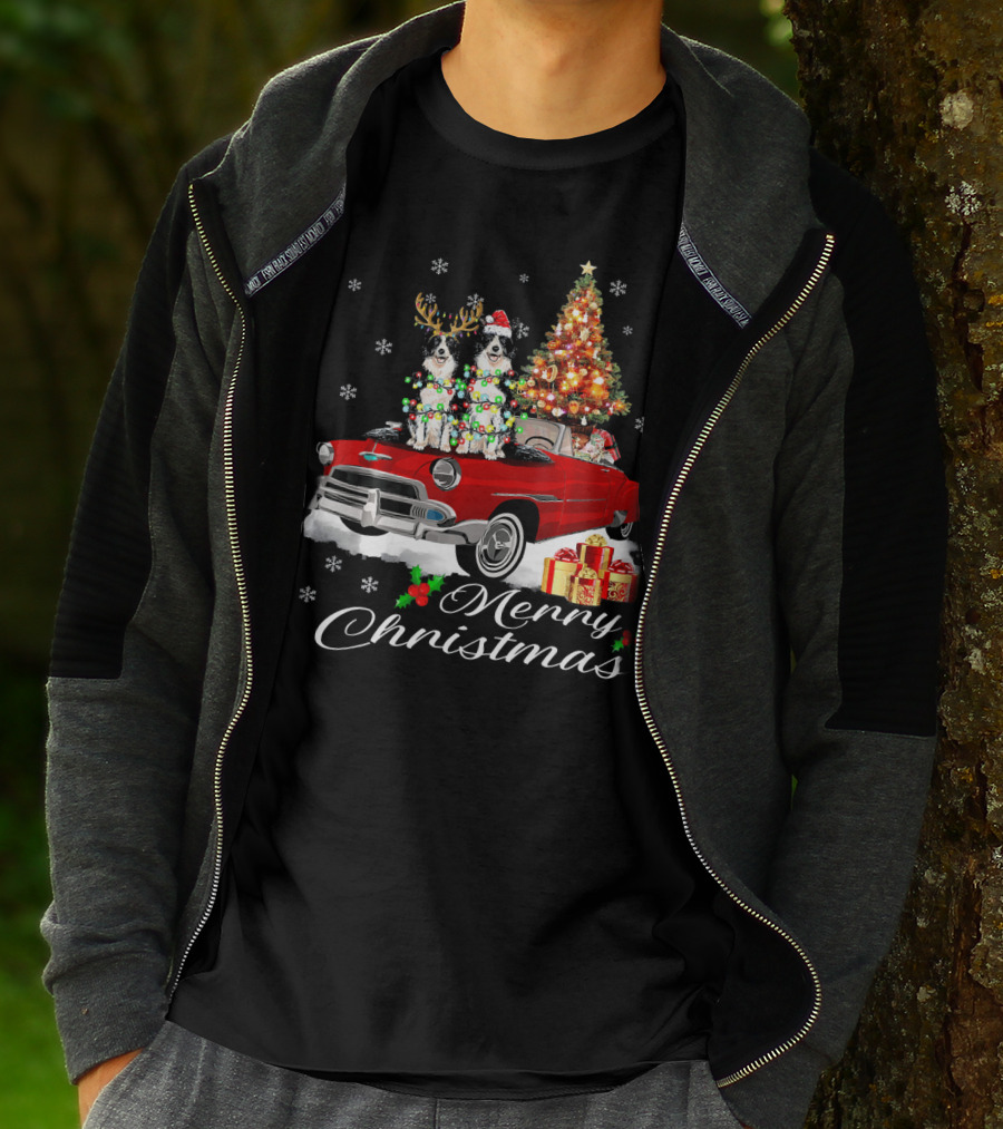 Merry Christmas Border Collie On Red Holiday Truck With Gifts And Tree T-Shirt