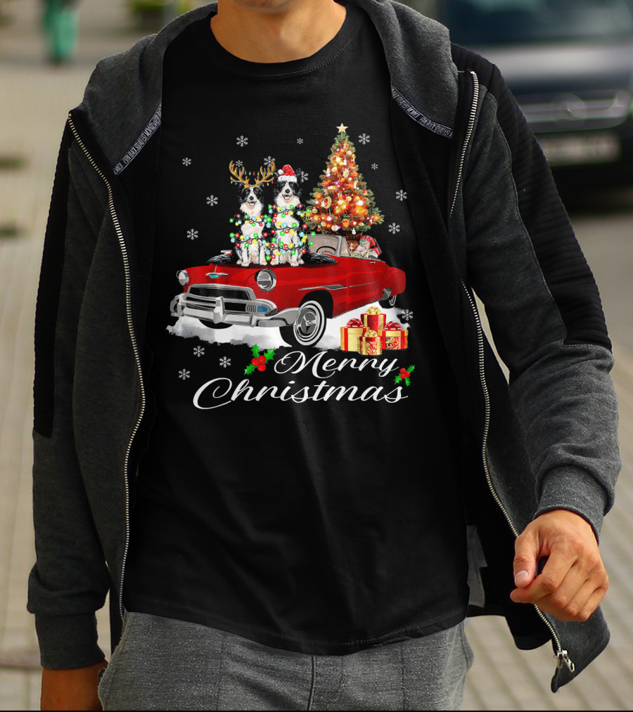 Merry Christmas Border Collie On Red Holiday Truck With Gifts And Tree T-Shirt
