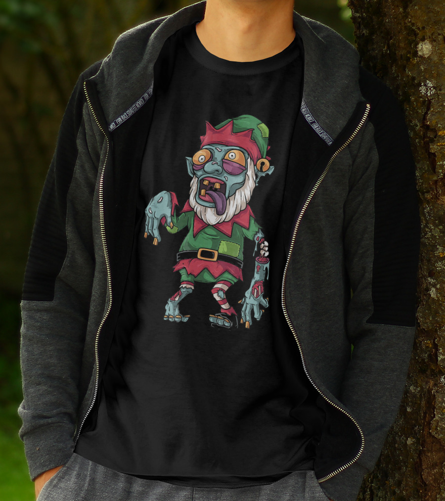 Zombie Christmas Elf Funny Cartoon Holiday T-Shirt