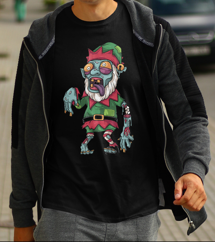 Zombie Christmas Elf Funny Cartoon Holiday T-Shirt