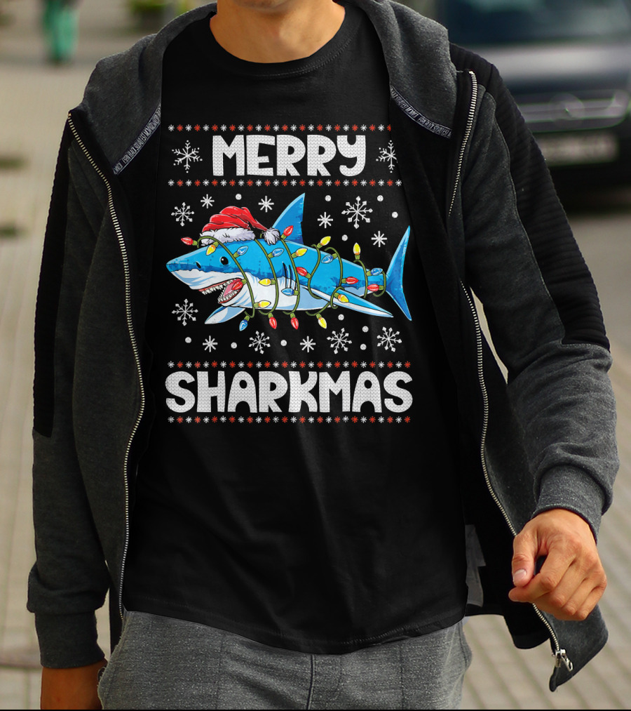 Merry Sharkmas Shark Santa With Lights And Snowflakes T-Shirt