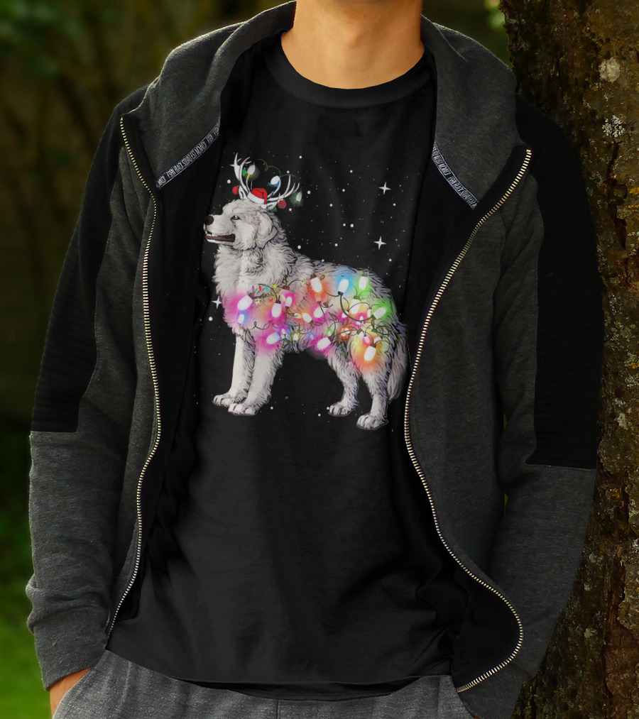 Christmas Lights Great Pyrenees With Reindeer Antlers And Santa Hat T-Shirt