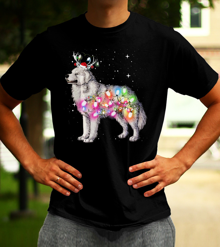 Christmas Lights Great Pyrenees With Reindeer Antlers And Santa Hat T-Shirt