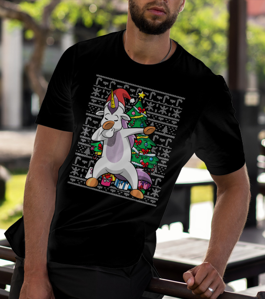 Unicorn Dabbing In Santa Hat By The Christmas Tree With Gifts T-Shirt