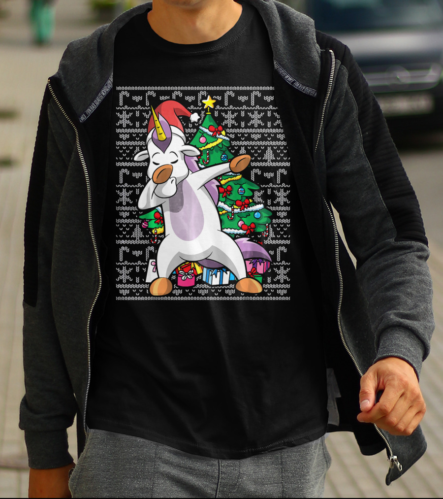 Unicorn Dabbing In Santa Hat By The Christmas Tree With Gifts T-Shirt