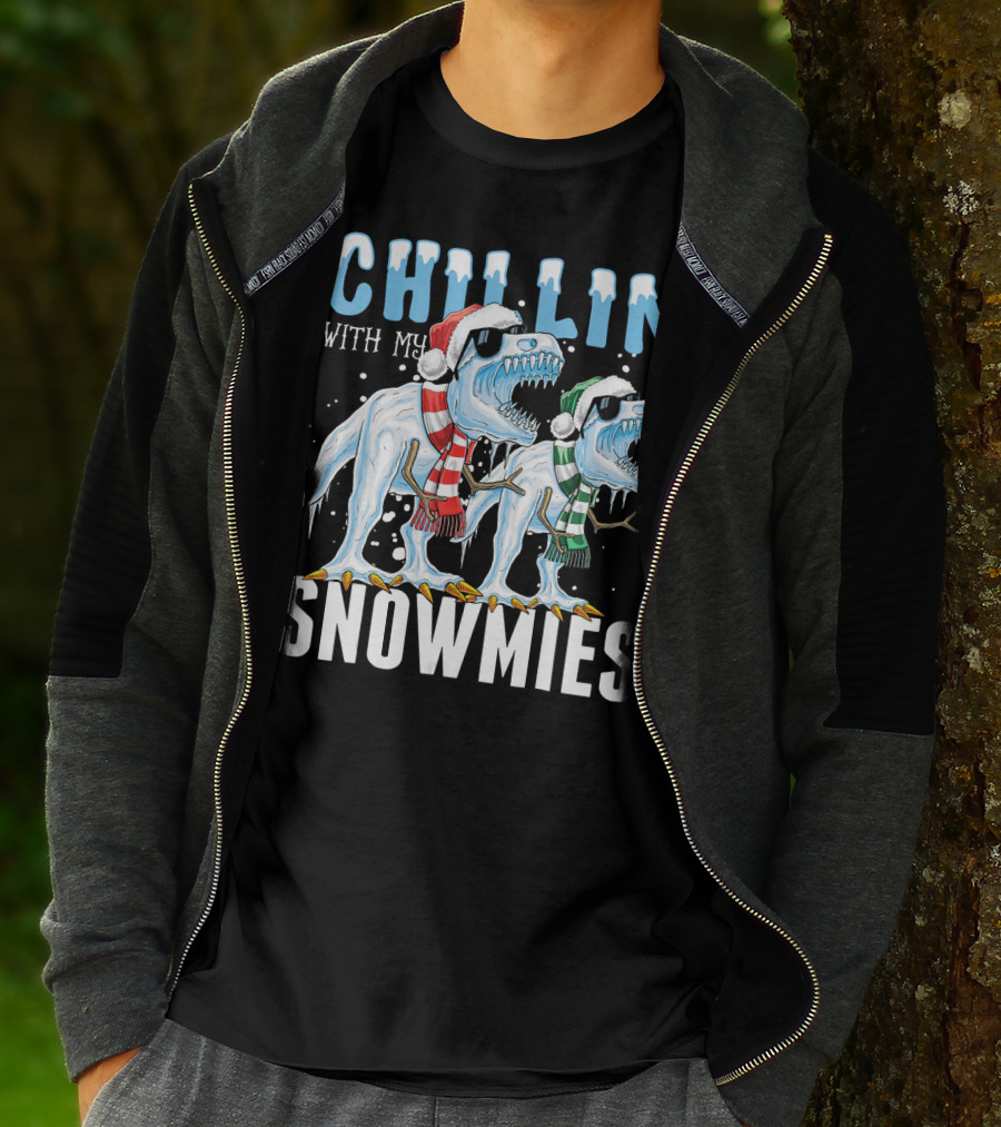 Chillin With My Snowmies Christmas Dinos Santa Hat Scarves Sunglasses Festive Fun T-Shirt