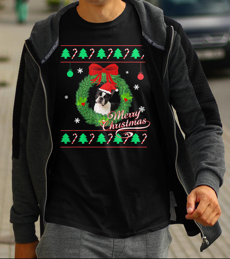 Merry Christmas Boston Terrier Wreath Candy Cane Trees T-Shirt