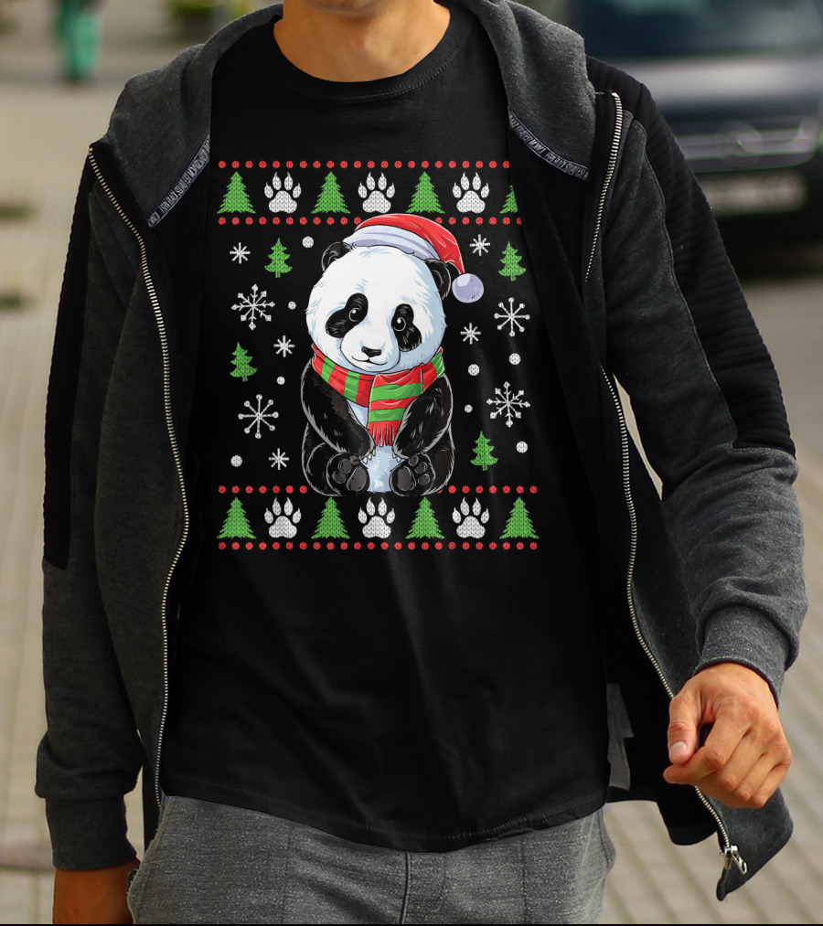 Panda Santa Ugly Christmas Sweater With Trees And Snowflakes T-Shirt