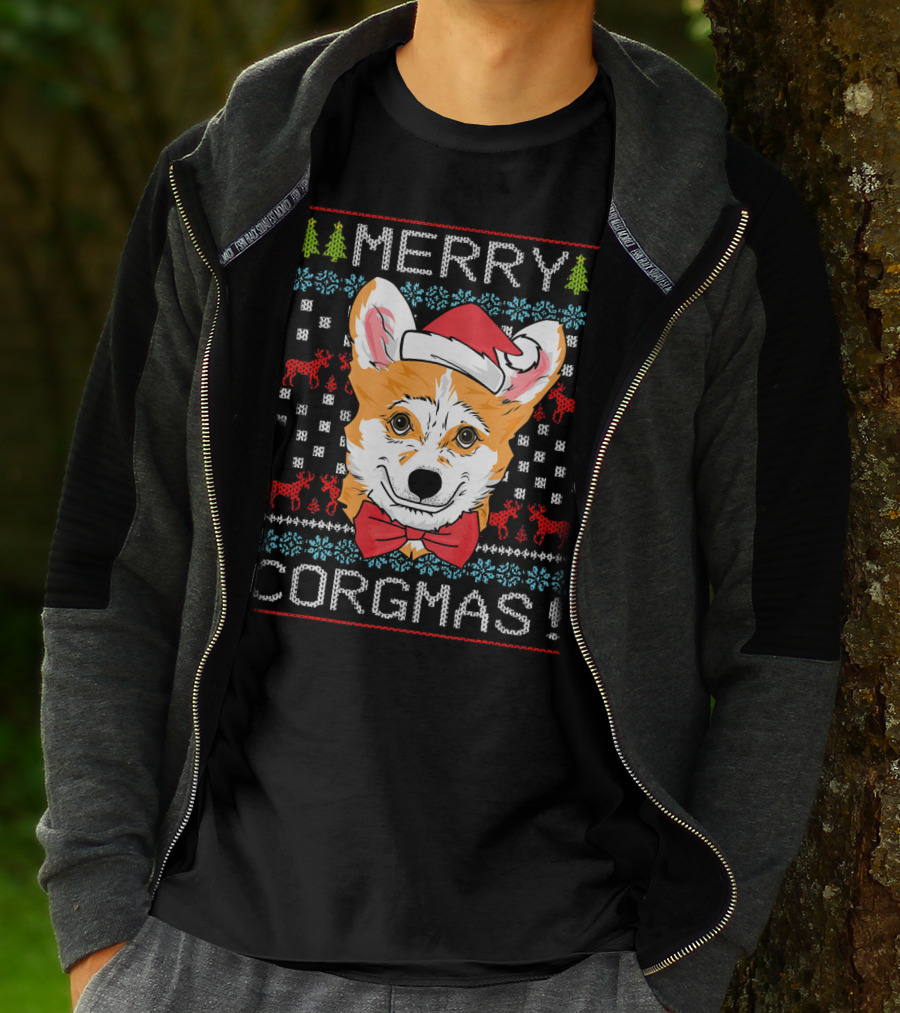 Merry Corgmas Christmas Corgi Santa Hat Festive Trees Bowtie Reindeer T-Shirt