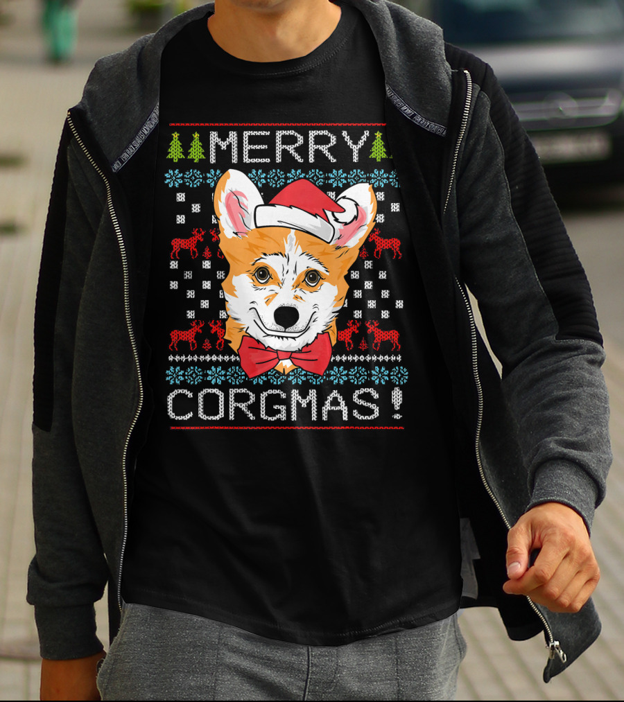 Merry Corgmas Christmas Corgi Santa Hat Festive Trees Bowtie Reindeer T-Shirt