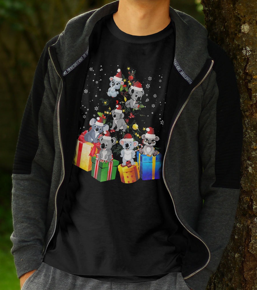 Christmas Koala With Santa Hats And Gifts On Snowy Pine Tree T-Shirt