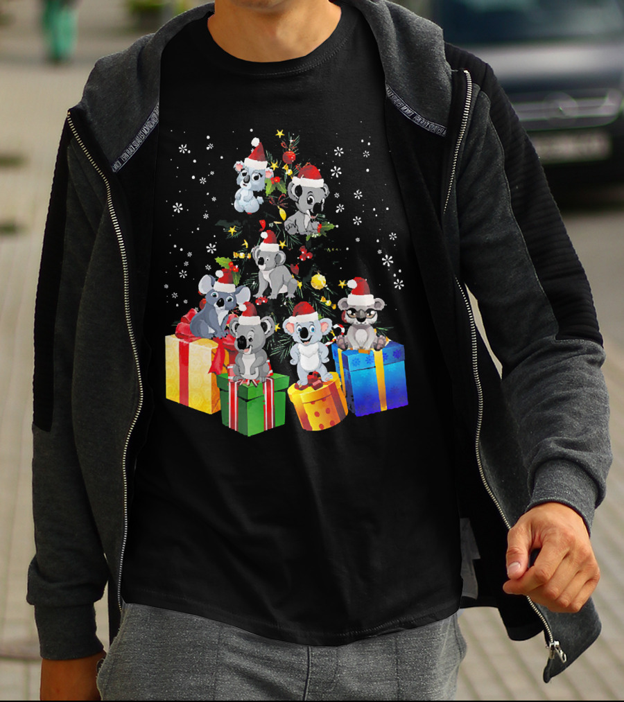 Christmas Koala With Santa Hats And Gifts On Snowy Pine Tree T-Shirt