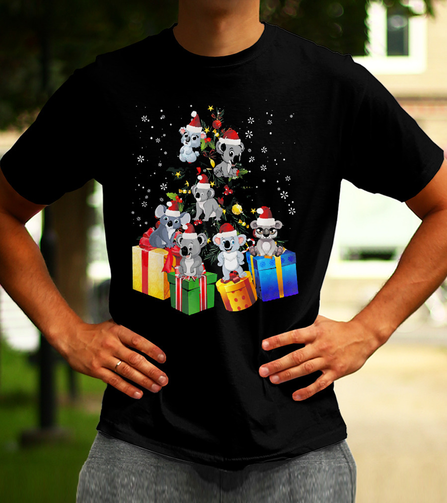 Christmas Koala With Santa Hats And Gifts On Snowy Pine Tree T-Shirt