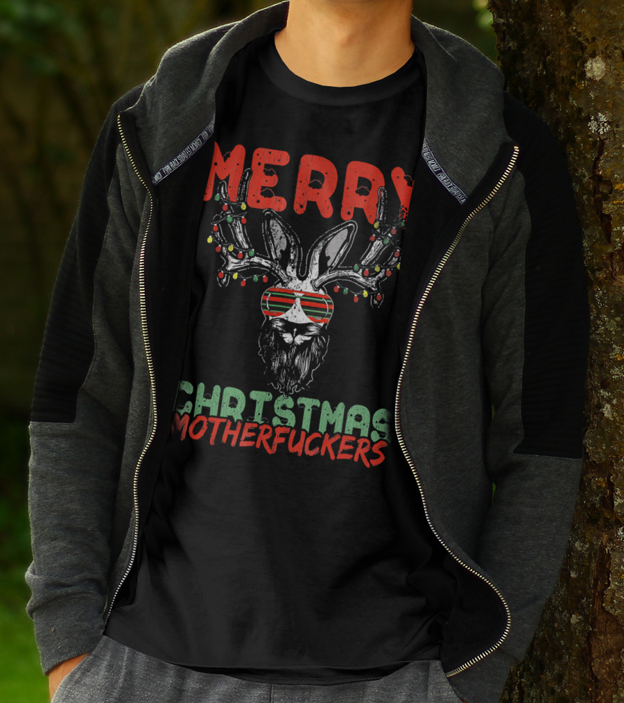 Merry Christmas Motherfuckers Reindeer Skull Holiday Lights T-Shirt