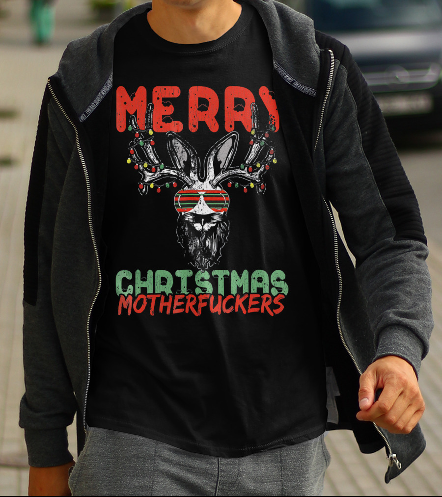 Merry Christmas Motherfuckers Reindeer Skull Holiday Lights T-Shirt