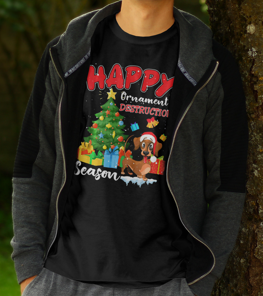 HAPPY Ornament Destruction Season Dachshund Christmas Tree And Gifts T-Shirt