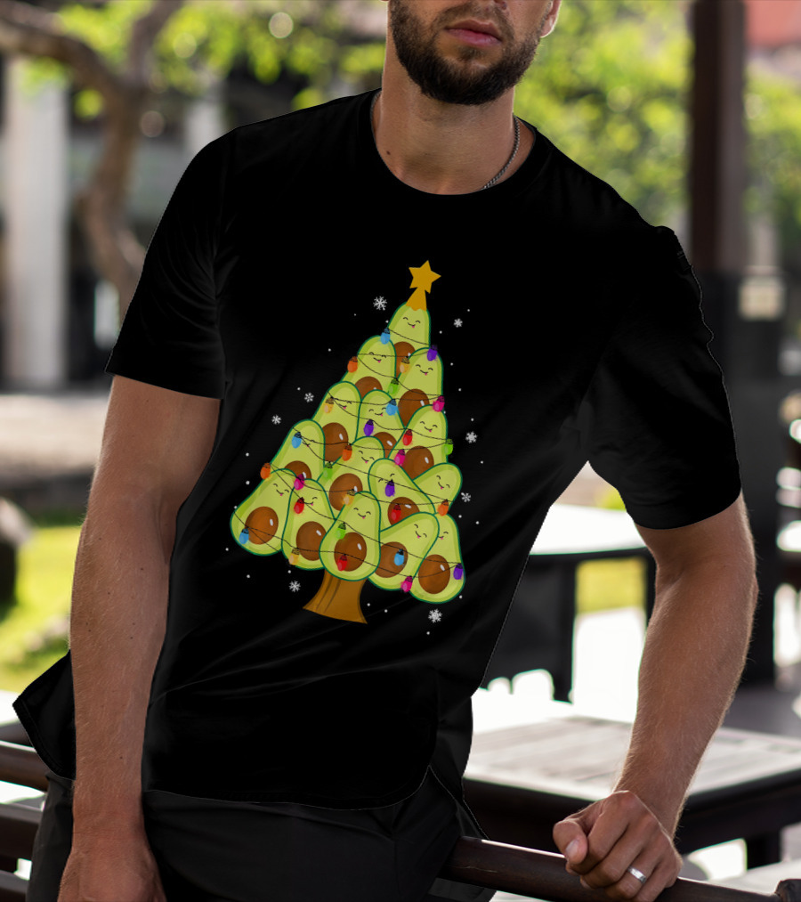 Avocado Christmas Tree With Colorful Lights Vegan Guac Green T-Shirt