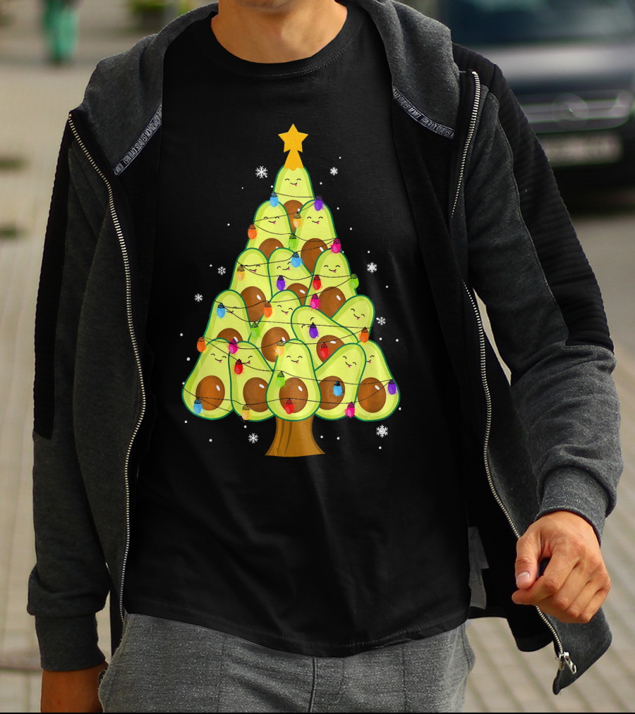 Avocado Christmas Tree With Colorful Lights Vegan Guac Green T-Shirt