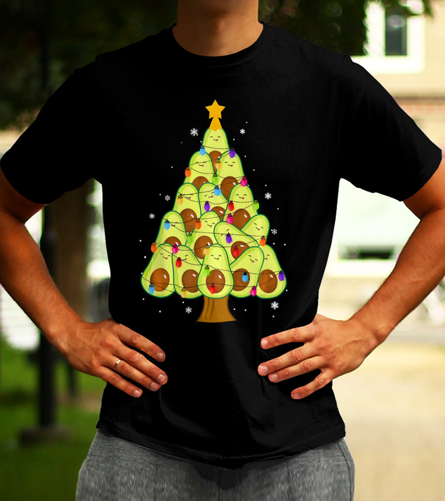 Avocado Christmas Tree With Colorful Lights Vegan Guac Green T-Shirt